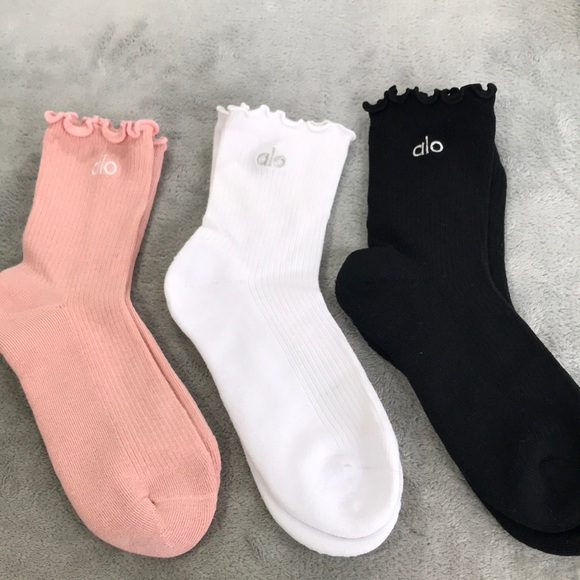 ALO Yoga Accessories - 3 Pairs of Alo Lettuce Edge Socks Pink, Black, and White Size S/M